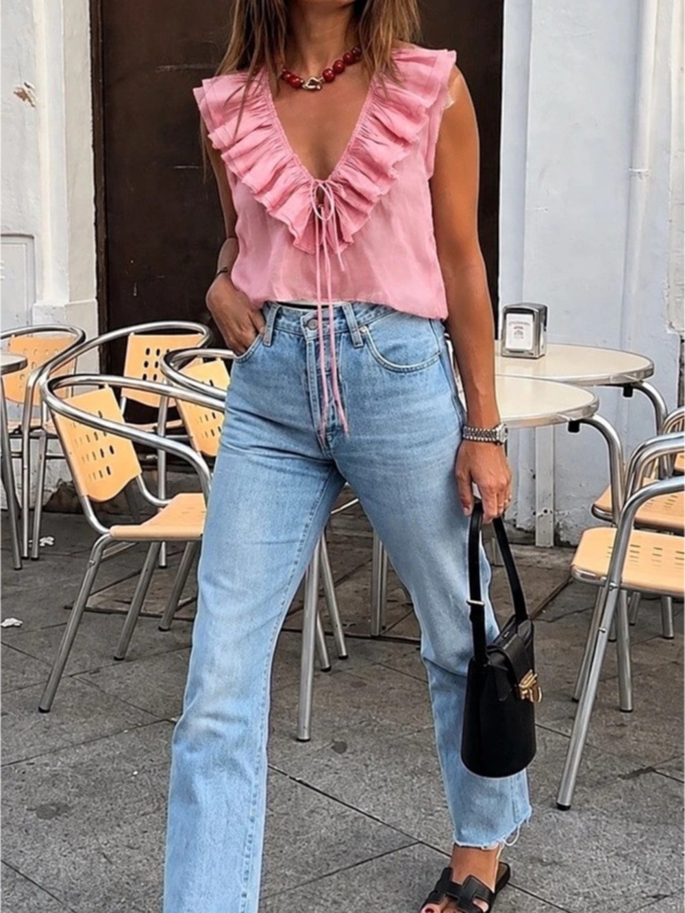 Zara Ruffled Blouse with Tie Pink Size XS